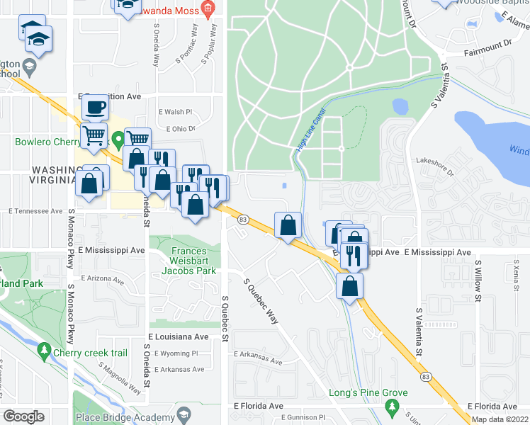 map of restaurants, bars, coffee shops, grocery stores, and more near 900 South Quince Street in Denver