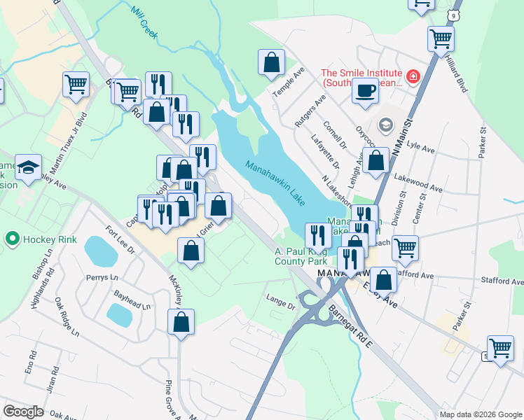 map of restaurants, bars, coffee shops, grocery stores, and more near 230 South Lakeshore Drive in Stafford Township