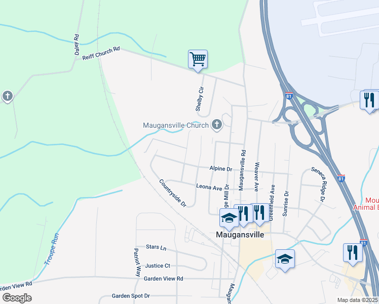 map of restaurants, bars, coffee shops, grocery stores, and more near 13929 Green Mountain Drive in Maugansville