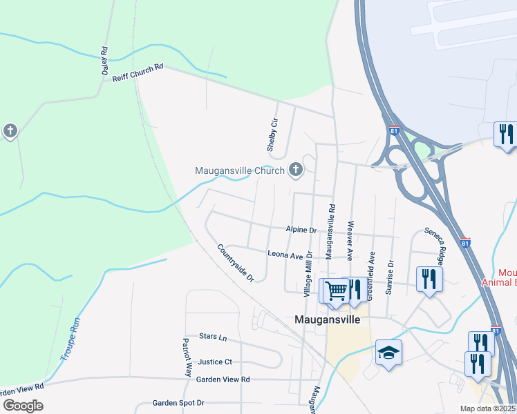map of restaurants, bars, coffee shops, grocery stores, and more near 13929 Green Mountain Drive in Maugansville