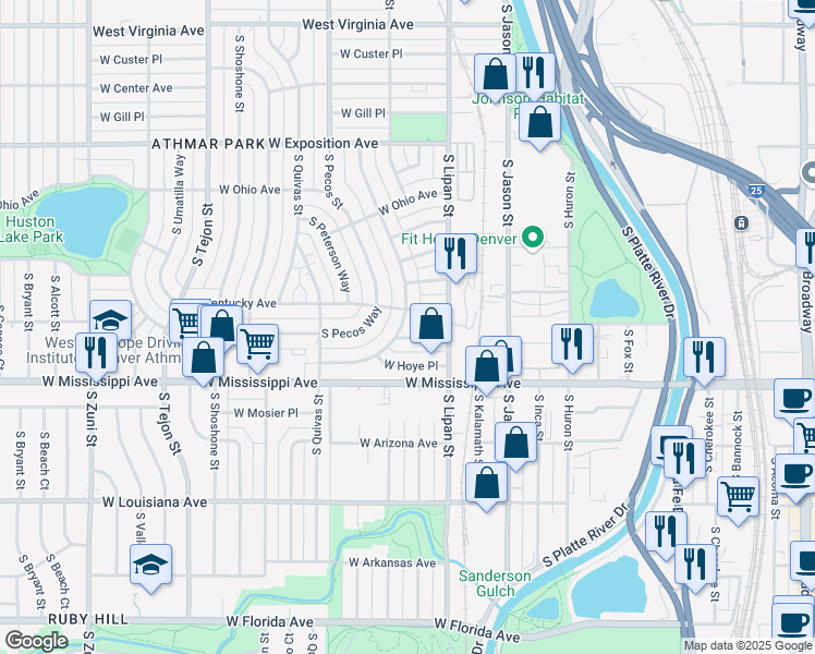 map of restaurants, bars, coffee shops, grocery stores, and more near 964 South Osage Street in Denver