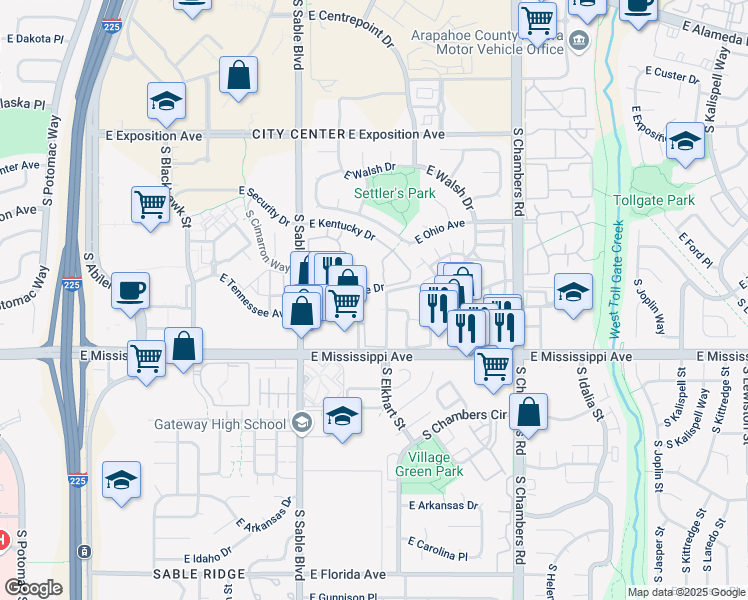 map of restaurants, bars, coffee shops, grocery stores, and more near 14802 East Kentucky Drive in Aurora