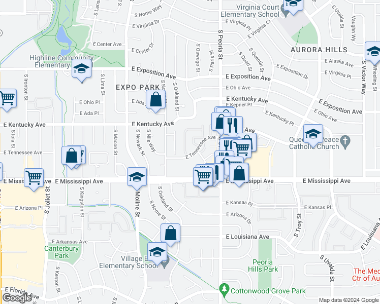 map of restaurants, bars, coffee shops, grocery stores, and more near 11854 East Kepner Drive in Aurora