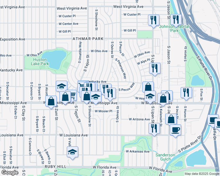 map of restaurants, bars, coffee shops, grocery stores, and more near 1726 West Kentucky Avenue in Denver