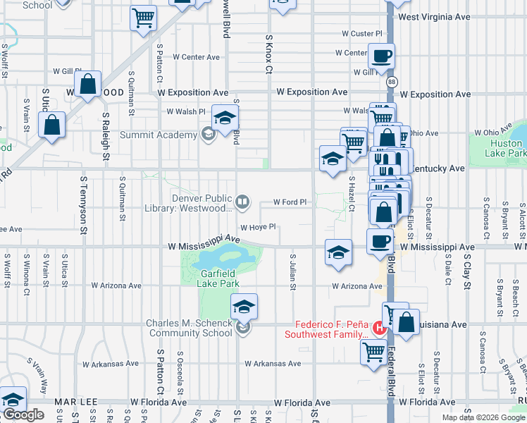 map of restaurants, bars, coffee shops, grocery stores, and more near 3490 West Tennessee Avenue in Denver