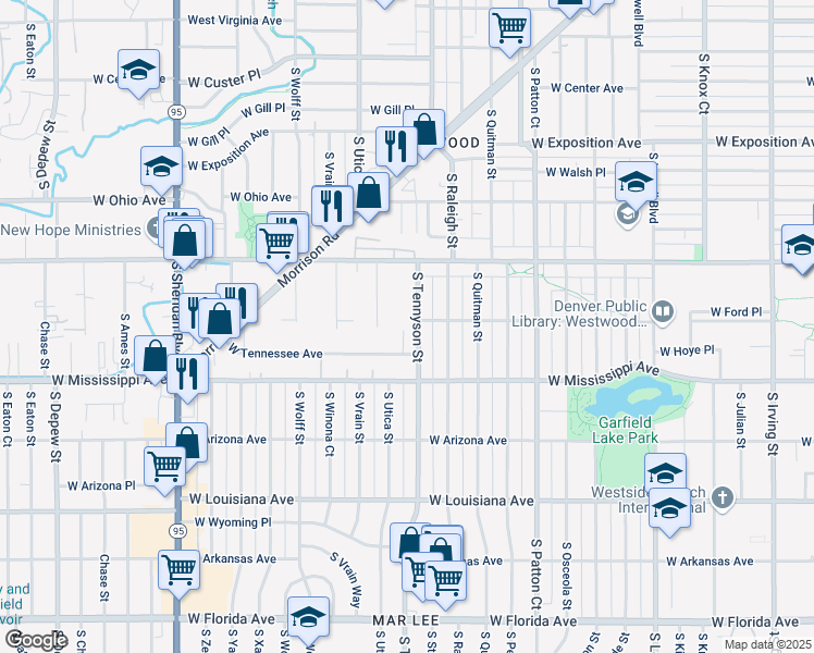 map of restaurants, bars, coffee shops, grocery stores, and more near 968 South Tennyson Street in Denver