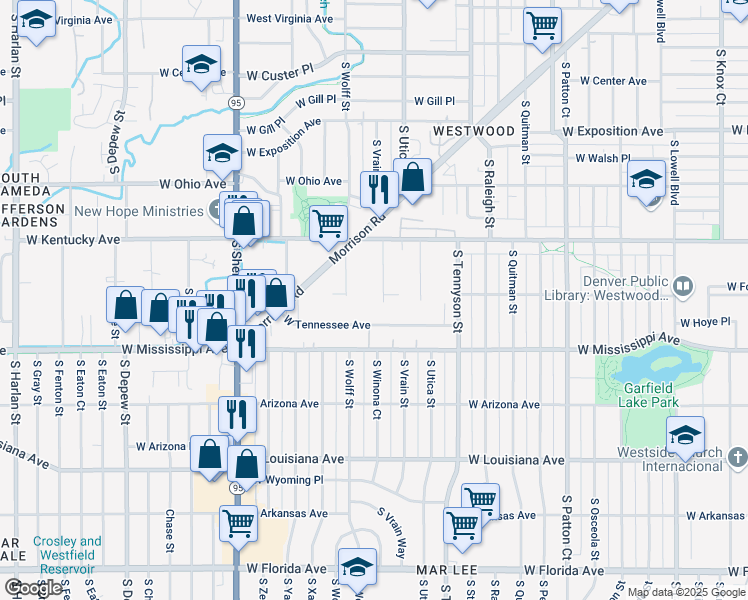 map of restaurants, bars, coffee shops, grocery stores, and more near 950 South Wolff Street in Denver