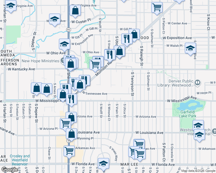 map of restaurants, bars, coffee shops, grocery stores, and more near 950 South Wolff Street in Denver