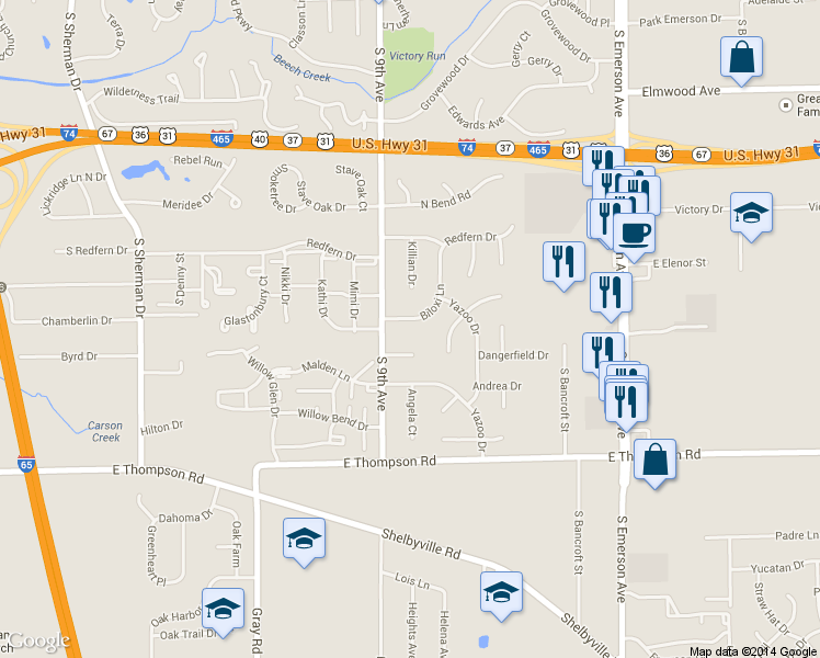map of restaurants, bars, coffee shops, grocery stores, and more near 1449 Biloxi Lane in Beech Grove