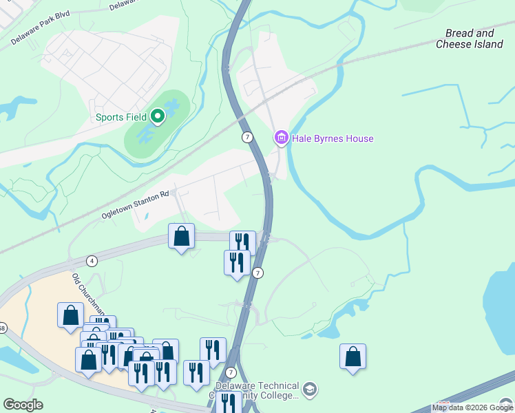 map of restaurants, bars, coffee shops, grocery stores, and more near 537 Stanton Christiana Road in Newark