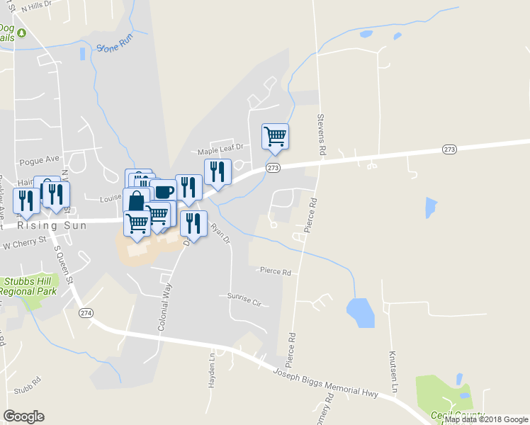 map of restaurants, bars, coffee shops, grocery stores, and more near 302 Stone Run Drive in Rising Sun