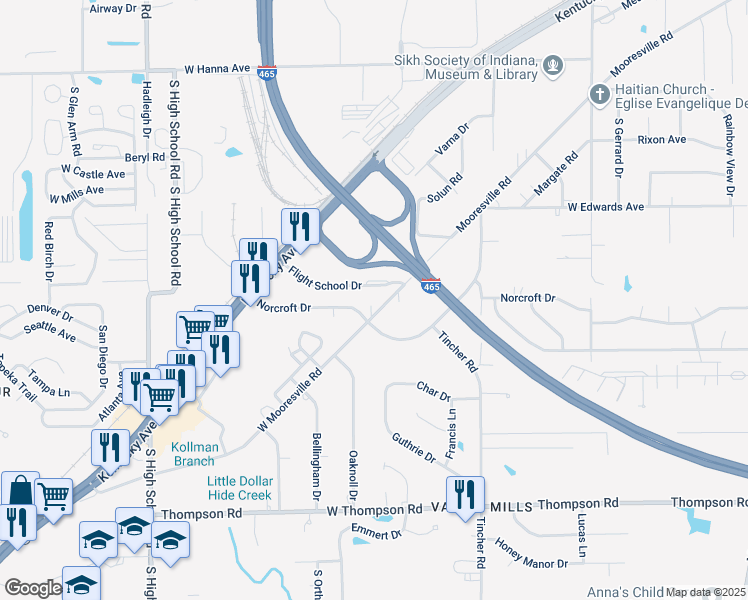 map of restaurants, bars, coffee shops, grocery stores, and more near 5812 Norcroft Drive in Indianapolis