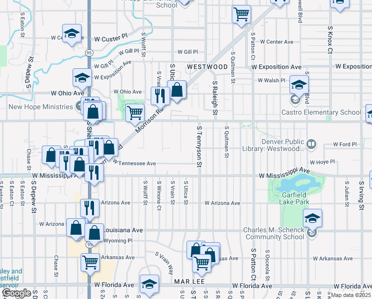 map of restaurants, bars, coffee shops, grocery stores, and more near 978 South Utica Street in Denver