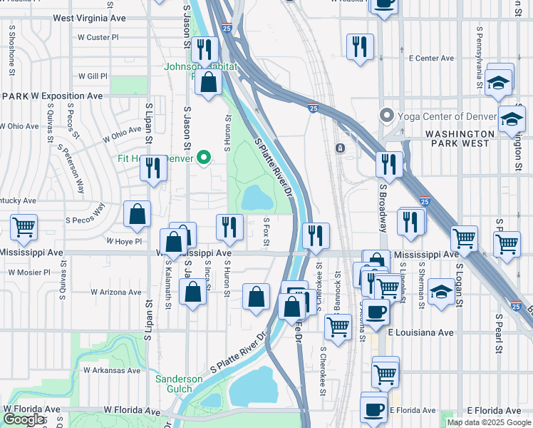 map of restaurants, bars, coffee shops, grocery stores, and more near 601 West Tennessee Avenue in Denver