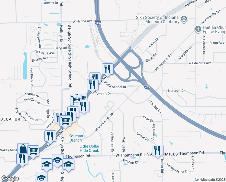 map of restaurants, bars, coffee shops, grocery stores, and more near 5828 Norcroft Drive in Indianapolis