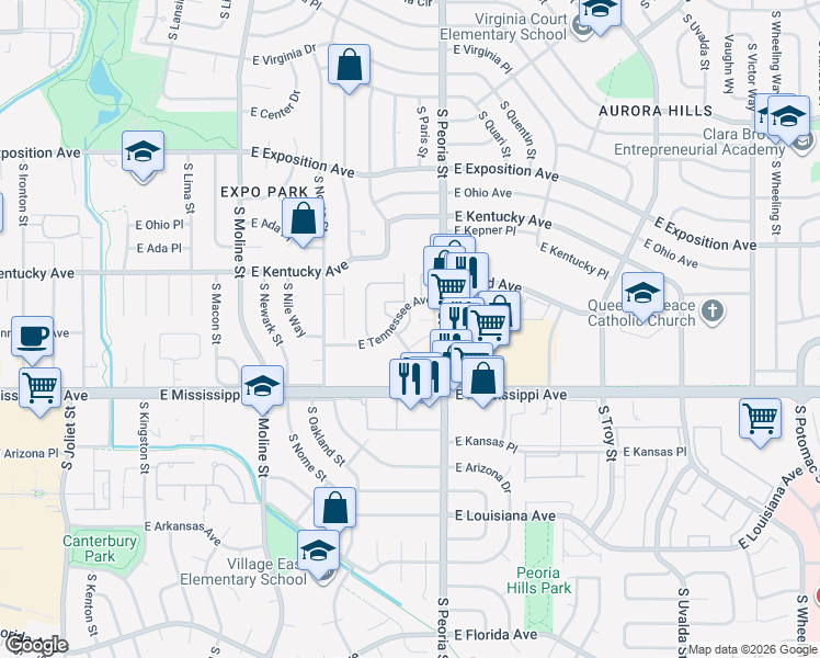 map of restaurants, bars, coffee shops, grocery stores, and more near 12042 East Tennessee Drive in Aurora