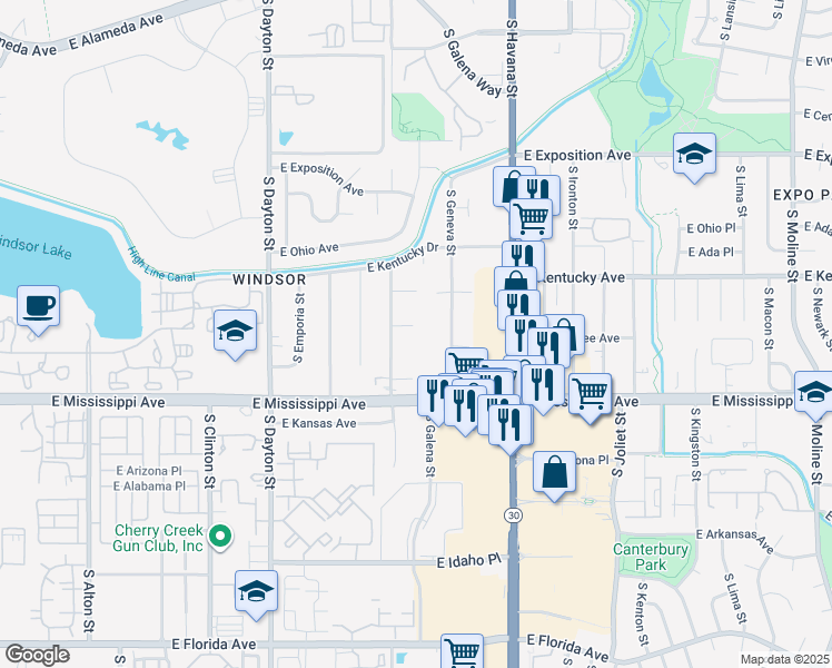 map of restaurants, bars, coffee shops, grocery stores, and more near 10151 East Ford Place in Denver