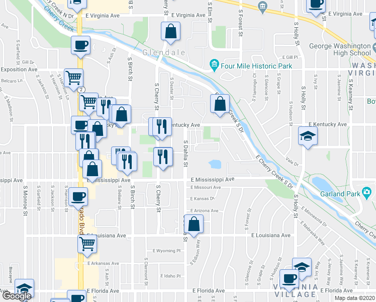 map of restaurants, bars, coffee shops, grocery stores, and more near 4820 East Kentucky Avenue in Denver