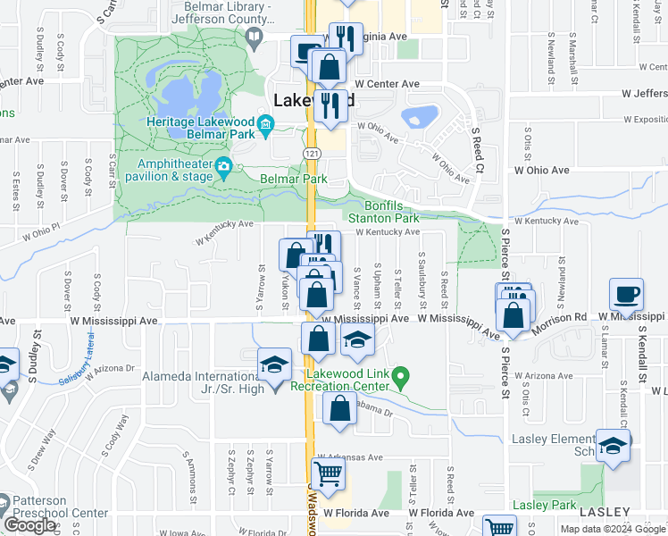 map of restaurants, bars, coffee shops, grocery stores, and more near 910 South Wadsworth Boulevard in Lakewood