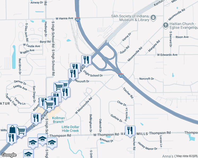map of restaurants, bars, coffee shops, grocery stores, and more near 5812 Norcroft Drive in Indianapolis