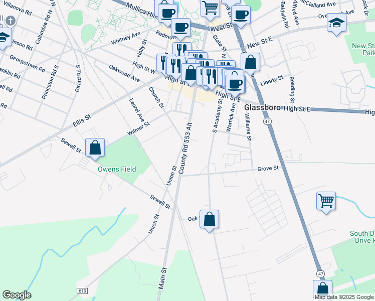 map of restaurants, bars, coffee shops, grocery stores, and more near 134 South Main Street in Glassboro
