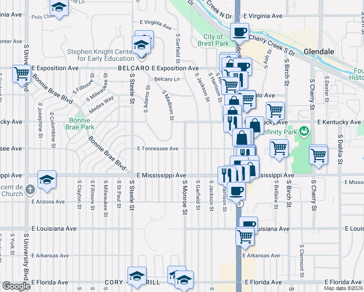 map of restaurants, bars, coffee shops, grocery stores, and more near 955 South Monroe Street in Denver