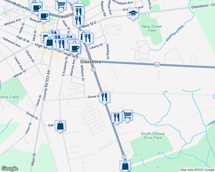 map of restaurants, bars, coffee shops, grocery stores, and more near 40-42 Delsea Drive South in Glassboro