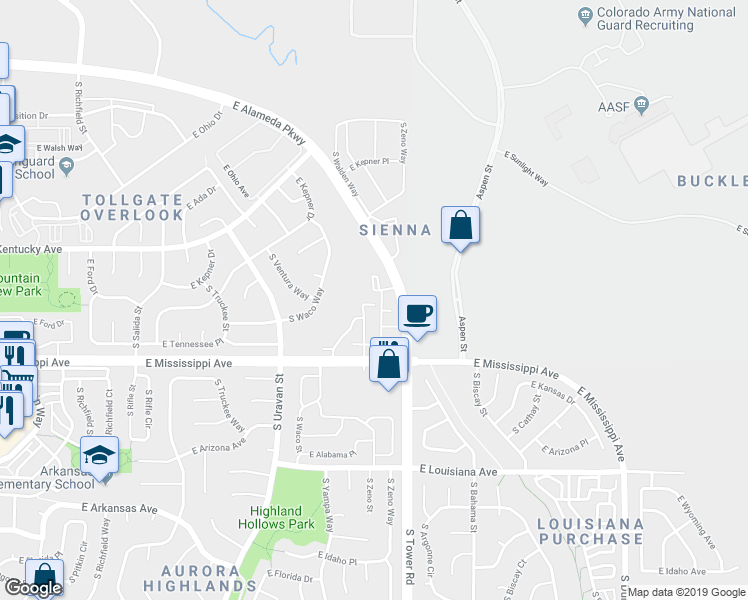 map of restaurants, bars, coffee shops, grocery stores, and more near 1041 South Zeno Way in Aurora