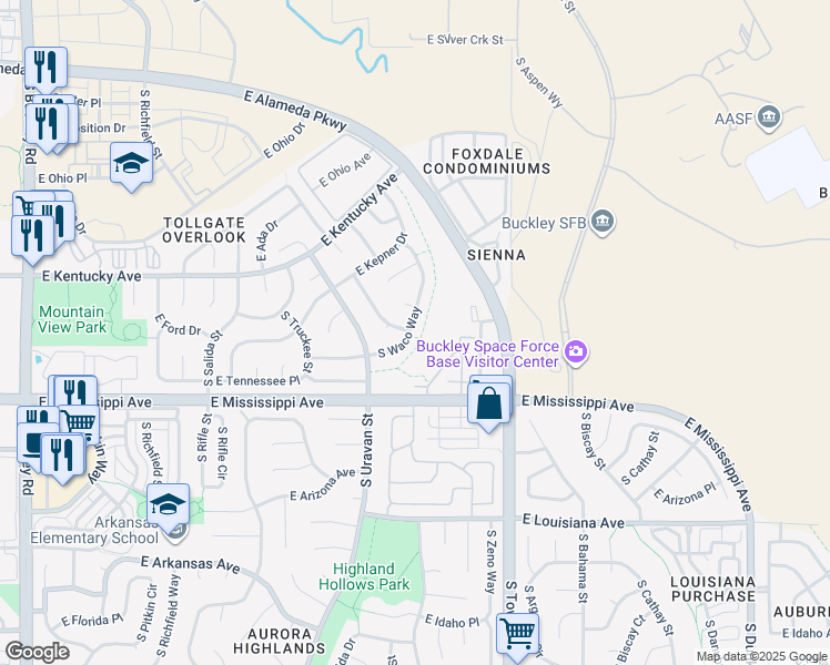 map of restaurants, bars, coffee shops, grocery stores, and more near 1034 South Ventura Way in Aurora