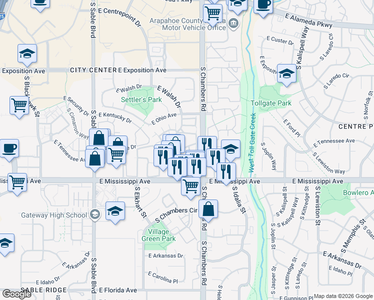 map of restaurants, bars, coffee shops, grocery stores, and more near 1041 South Fraser Circle in Aurora