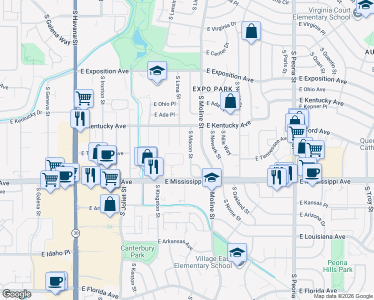 map of restaurants, bars, coffee shops, grocery stores, and more near 954 South Macon Street in Aurora