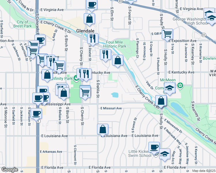 map of restaurants, bars, coffee shops, grocery stores, and more near 4858 East Kentucky Avenue in Denver