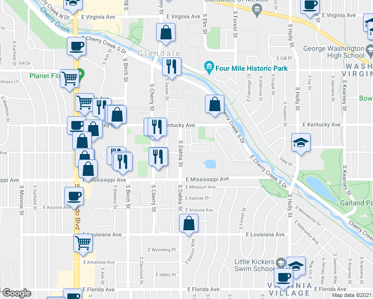 map of restaurants, bars, coffee shops, grocery stores, and more near 4820 East Kentucky Avenue in Denver