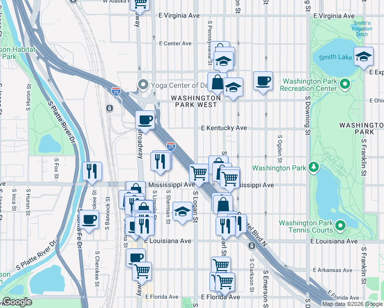 map of restaurants, bars, coffee shops, grocery stores, and more near 985 South Logan Street in Denver