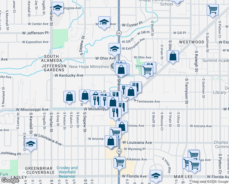 map of restaurants, bars, coffee shops, grocery stores, and more near 935 South Sheridan Boulevard in Lakewood