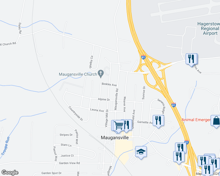 map of restaurants, bars, coffee shops, grocery stores, and more near 13939 Village Mill Drive in Maugansville