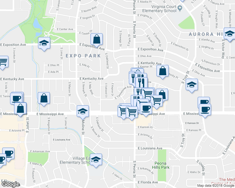 map of restaurants, bars, coffee shops, grocery stores, and more near 11951 East Tennessee Avenue in Aurora