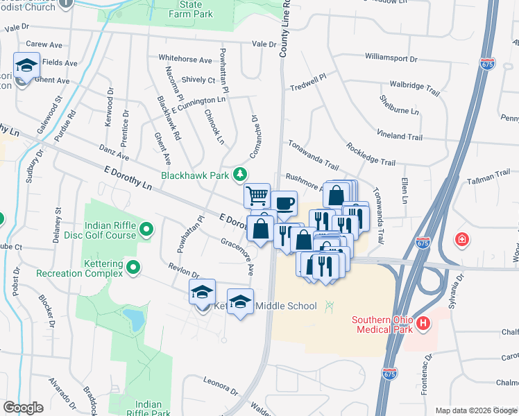 map of restaurants, bars, coffee shops, grocery stores, and more near 3042 Fountain Cir in Kettering