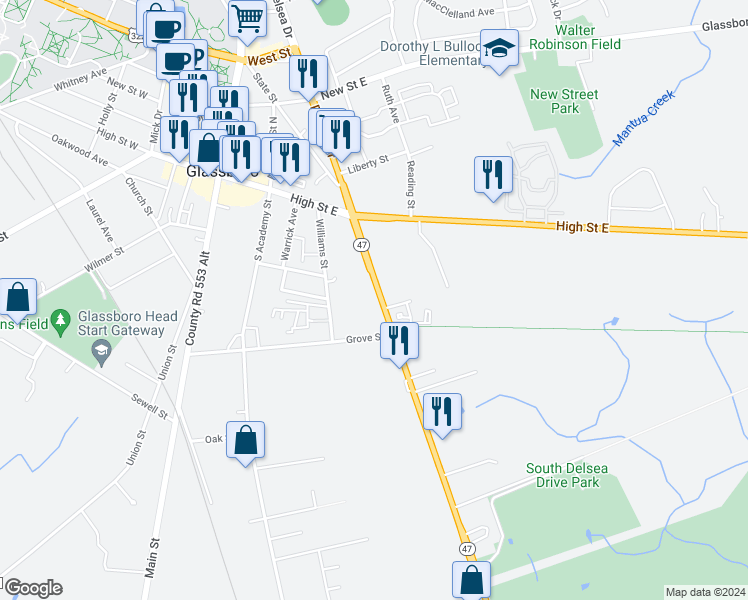 map of restaurants, bars, coffee shops, grocery stores, and more near 41 Delsea Drive South in Glassboro