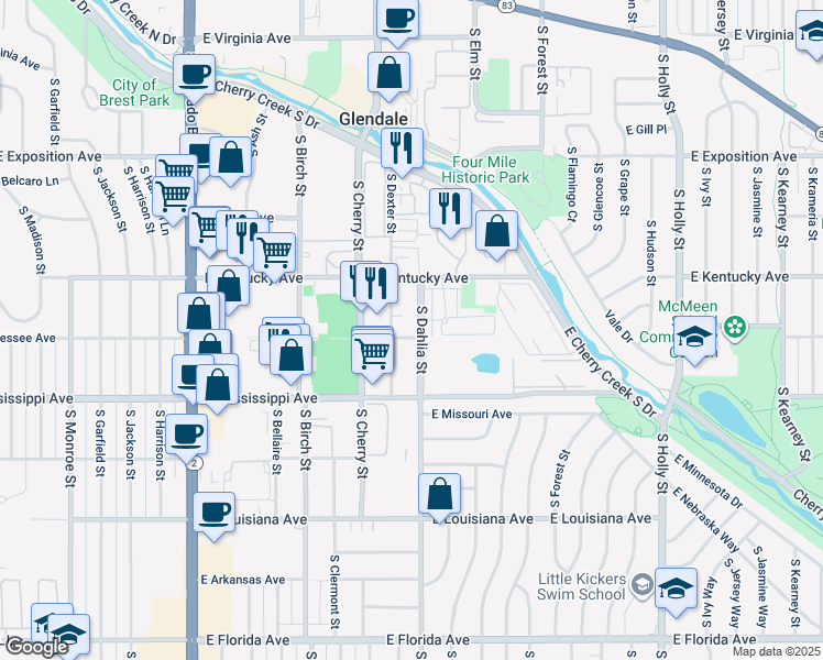 map of restaurants, bars, coffee shops, grocery stores, and more near 960 South Dexter Street in Denver