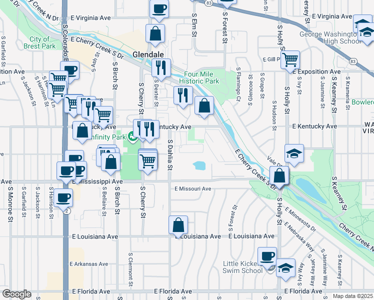 map of restaurants, bars, coffee shops, grocery stores, and more near 4858 East Kentucky Avenue in Denver