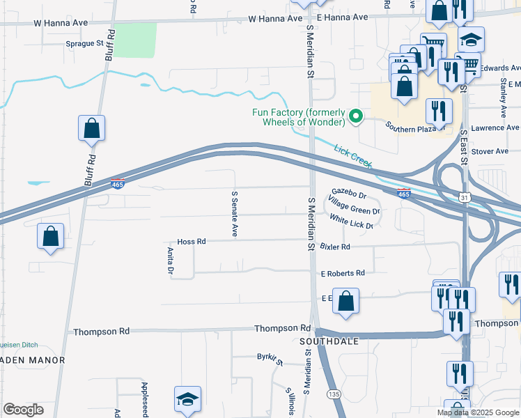 map of restaurants, bars, coffee shops, grocery stores, and more near 120 Maxwell Road in Indianapolis