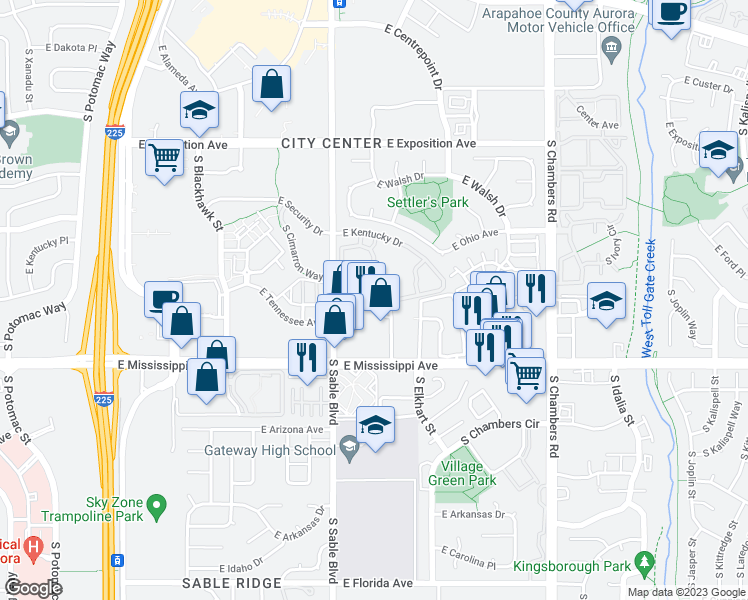 map of restaurants, bars, coffee shops, grocery stores, and more near 14701 East Tennessee Drive in Aurora