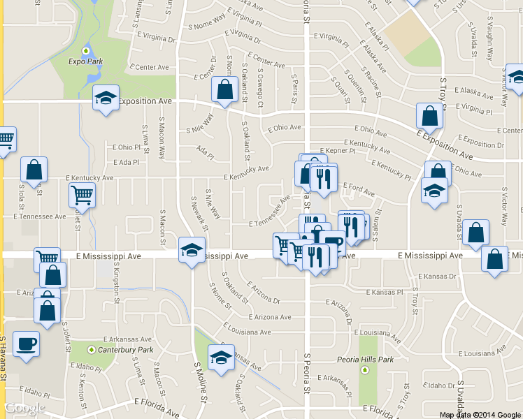 map of restaurants, bars, coffee shops, grocery stores, and more near 11854 East Kepner Drive in Aurora