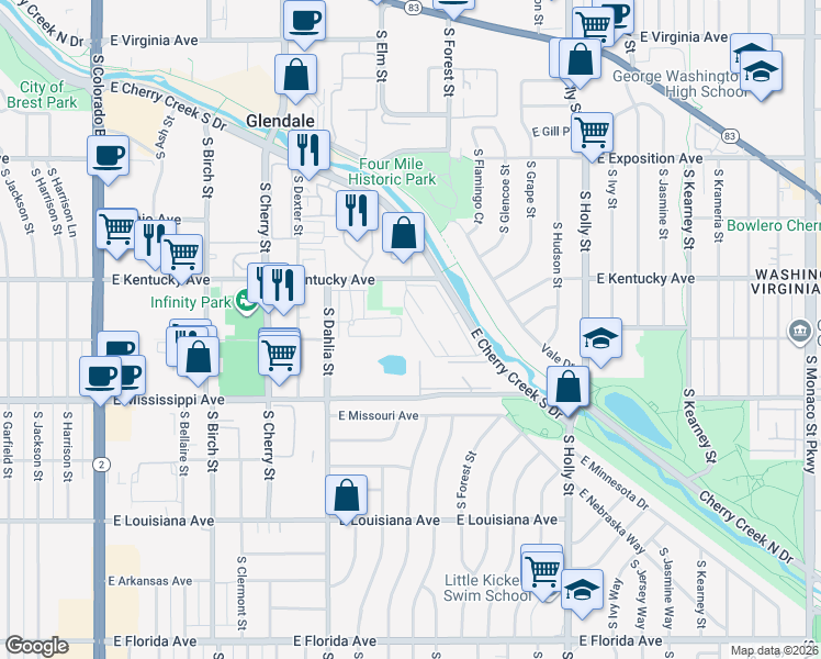 map of restaurants, bars, coffee shops, grocery stores, and more near 5250 East Cherry Creek South Drive in Denver