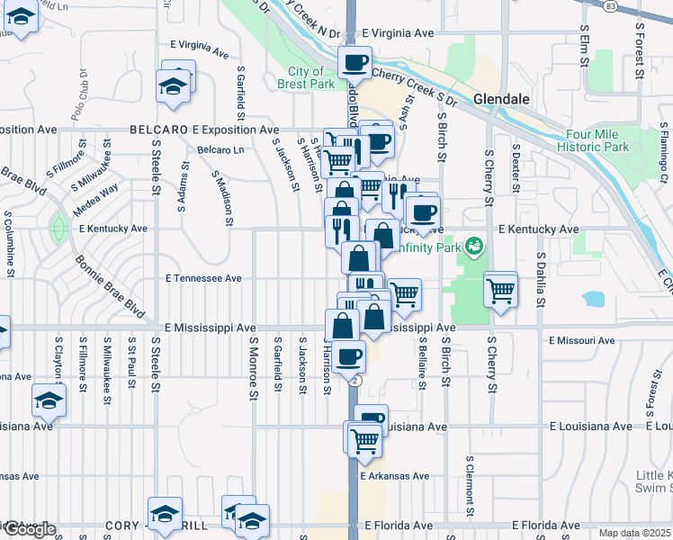 map of restaurants, bars, coffee shops, grocery stores, and more near 950 South Harrison Street in Denver