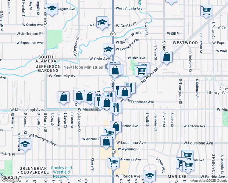 map of restaurants, bars, coffee shops, grocery stores, and more near 982 South Sheridan Boulevard in Denver