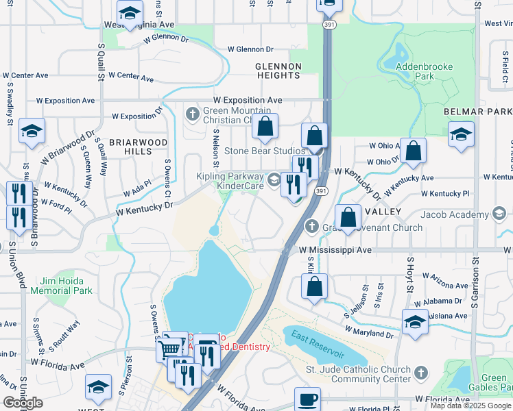map of restaurants, bars, coffee shops, grocery stores, and more near 950 South Miller Street in Lakewood