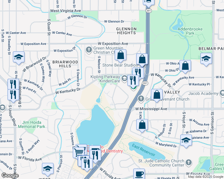 map of restaurants, bars, coffee shops, grocery stores, and more near 969 South Miller Street in Lakewood