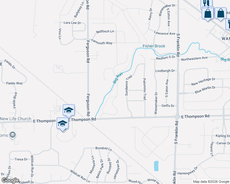 map of restaurants, bars, coffee shops, grocery stores, and more near 7914 Thompson Road in Indianapolis